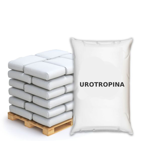 Hexamine supplied in 25 kg sacks stacked on a wooden pallet